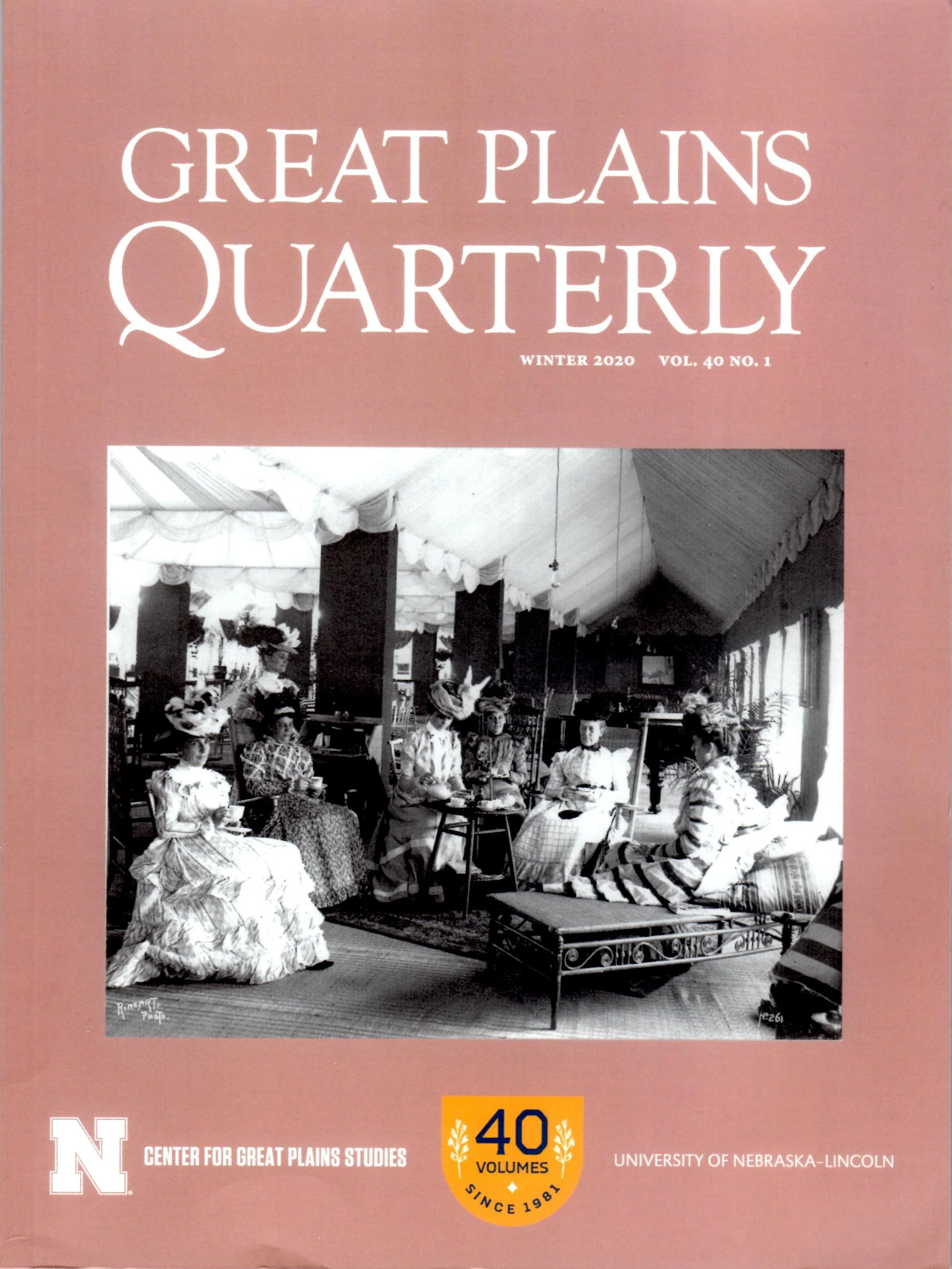 Cover of Great Plains Quarterly, Winter 2020 (Vol. 40, No. 1), featuring a black-and-white historical photograph of elegantly dressed women gathered at an indoor social event