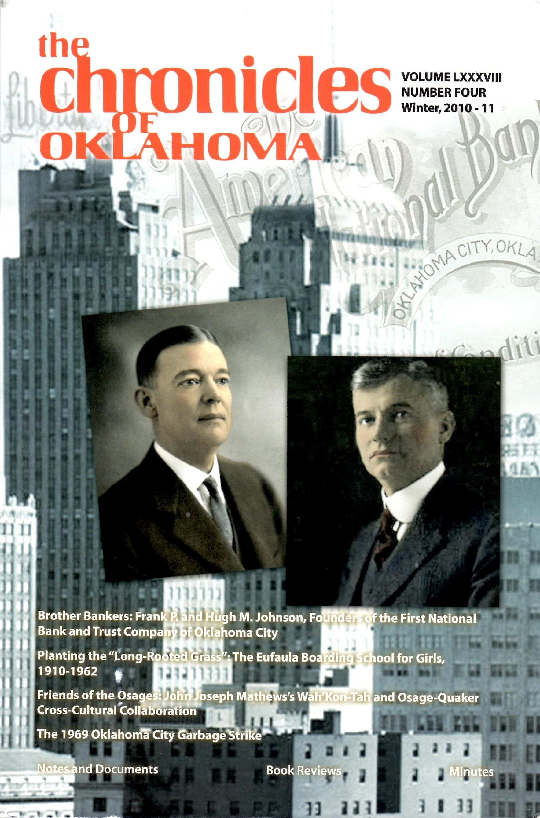 Cover of The Chronicles of Oklahoma, Winter 2010–11 (Vol. LXXXVIII, No. 4), featuring portraits of Frank P. and Hugh M. Johnson overlaid against a city skyline, for the article Brother Bankers