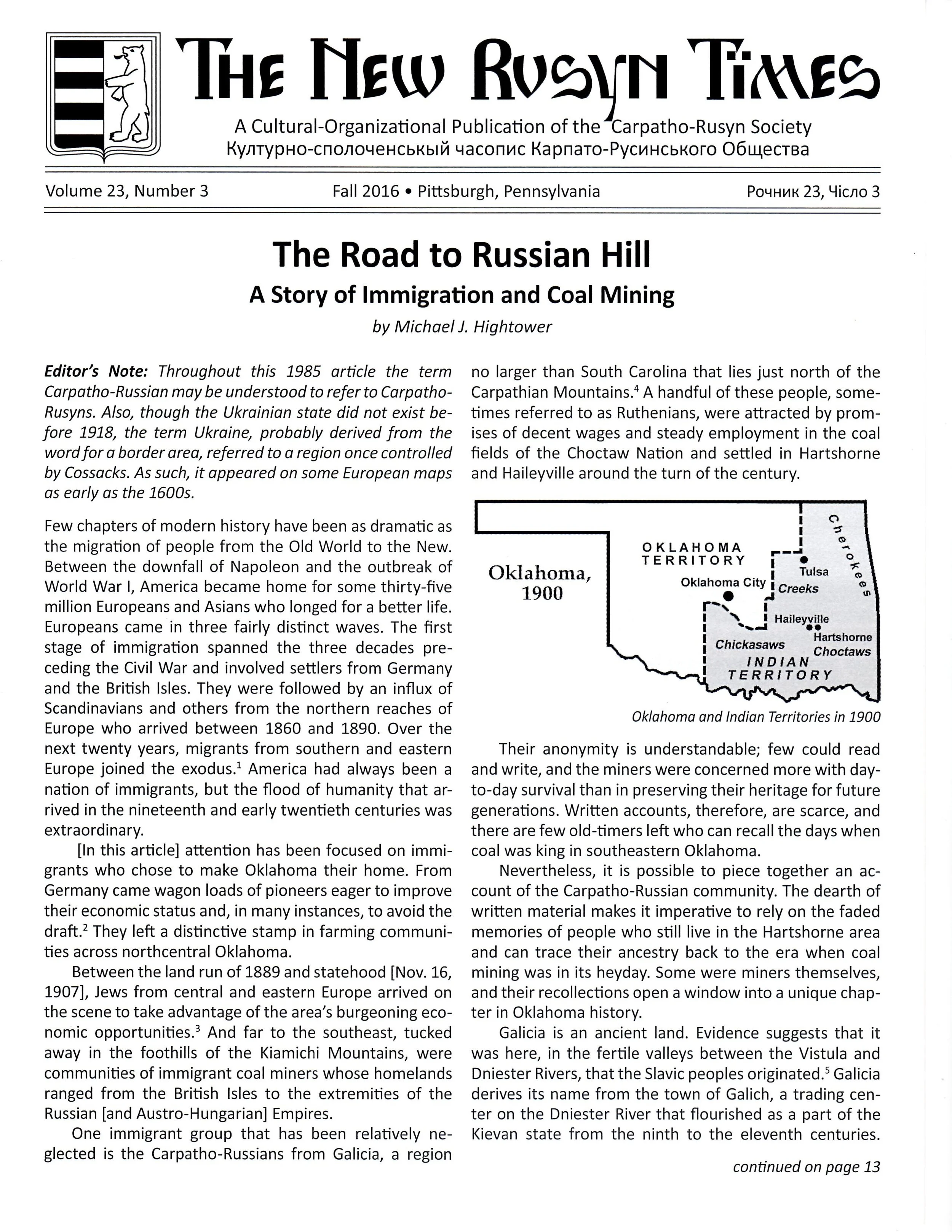 age from The New Rusyn Times, Fall 2016, featuring Michael J. Hightower's article The Road to Russian Hill: A Story of Immigration and Coal Mining, with an inset map of Oklahoma Territory circa 1900